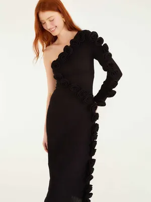 NWT FARM Rio Black One-Shoulder Midi Dress with Rosette Trim Small thumbnail 4