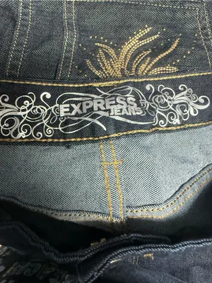 Express Dark Blue Flare Jeans with Faded Front Panels thumbnail 6