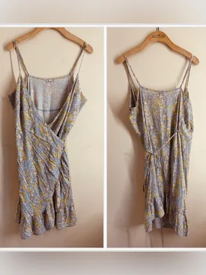 Free People All My Love Wrap Dress Blue Yellow Floral Mini Ruffle Hem size M thumbnail 5