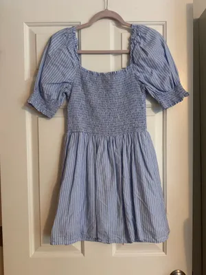 Boutique blue and white striped smocked mini dress thumbnail 1