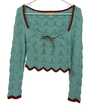 Urban Outfitters Mint Green Pointelle Knit Cropped‎ Sweater Brown Trim Bow Med thumbnail 1