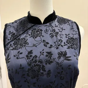 VTG 90s CDC Navy Blue Black Flocked‎ Velvet Floral Mandarin Collar Midi Dress 10 thumbnail 4