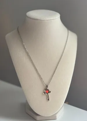 Cross Necklace Red Heart Pendant Silver Stainless Steel Minimal Jewelry thumbnail 1