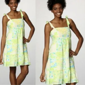 Lilly Pulitzer Patchwork Linen‎ Dress Size 4 Green Yellow Floral Tie Strap Lace thumbnail 12