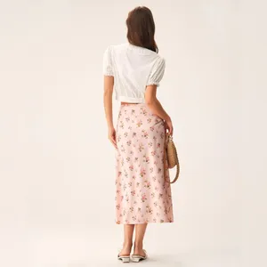 Rihoas Pink Floral Satin Straight Midi Skirt thumbnail 4
