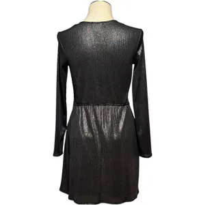 Altar'd State Long Sleeve Twisted Front Plunge Mini Dress Metallic Black Medium thumbnail 3
