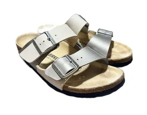 Birkenstock Arizona Split Sandals Women's 38 Leather Two Toned White Silver thumbnail 1