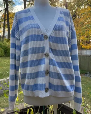 Talbots Sweater Cardigan - Raglan Sleeves Size L Large Baby Blue White Stripe thumbnail 1