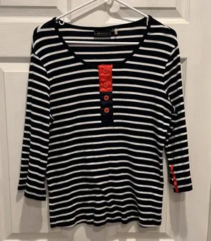 ORLY Striped 3/4 Sleeve Round Neck Top Women's Large Red White Blue Coastal‎ thumbnail 1