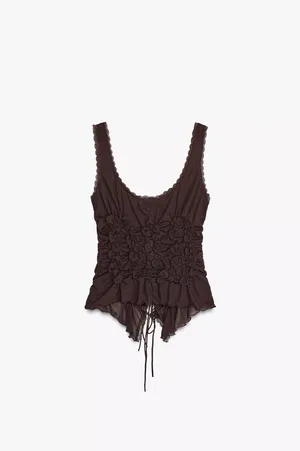 Zara brown Lace-Up Women's Top boho bohemian tied thumbnail 3