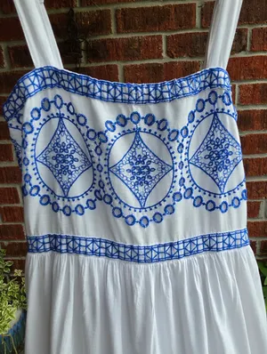 White and Blue Cotton Embroidered Maxi Dress Medium thumbnail 2
