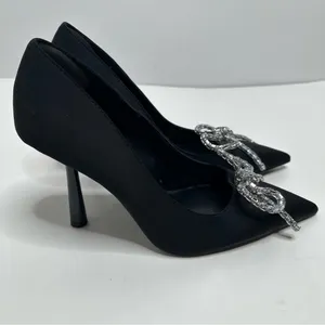 Zara Black Pointed Toe Silver Bow Stiletto Heels Size 39 thumbnail 5