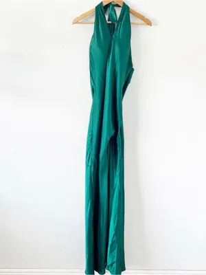 Revelry Amaya Emerald Green Satin Halter Open Back High Slit Formal Gown thumbnail 2