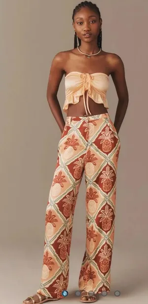 ✨🍍 FARM Rio x Anthropologie Pineapple Satin Wide Leg Pants Size‎ Medium 🍍✨ thumbnail 1