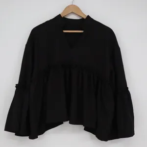 Shein Black Peplum Blouse Notched V-Neck Tiered Bell Sleeve Ruffle Top Large thumbnail 2