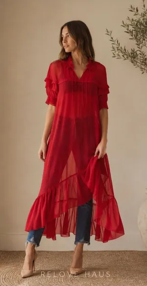 Sandro Paris Joy Rouge Écarlat Ruffled Midi Dress Red Sheer Romantic 38- US 6 thumbnail 1
