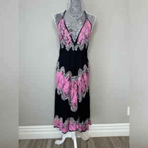 Resort Style Triangle Top Backless V-Neck Batik Midi Halter Dress Size Small thumbnail 2