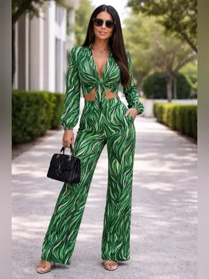 Green Zebra Print Tie Front Top & Wide Leg Pants Set Size M NWT thumbnail 6