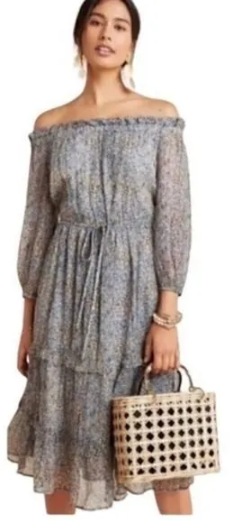 Anthropologie Blue Floral Kira Smocked Off The Shoulder Boho Peasant Dress thumbnail 1