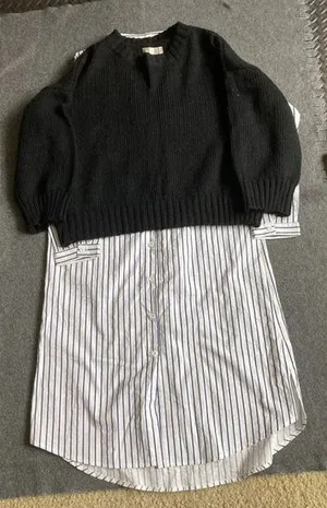 Knitted sweater and Stripes Shirt Dress Women‎ long-Length Shirt Dress thumbnail 1