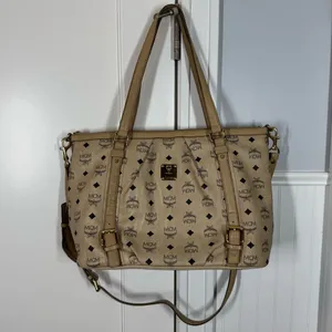 MCM Visetos 2 Way Monogram Bag with Crossbody Strap tan cream neutral‎ designer thumbnail 2