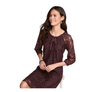 Garnet Hill Lace Dress Women 14 Burgundy Floral Leaf Scoop Neck 3/4 Sleeve Shift thumbnail 2