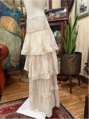 SHEIN Boho Tiered Maxi Skirt Large Tan Cream Striped Cottagecore Coastal Ruffle thumbnail 5