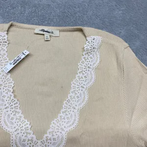 Madewell Shirt Womens XL Lace Trim Ribbed V Neck Short Sleeve Top Beige NY958 thumbnail 4