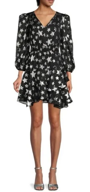 Sam Edelman Womens 6 Black Silver Metallic‎ Star Print Mini Dress V Neck thumbnail 1