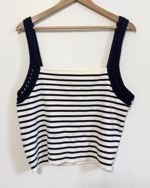 Aerie Knit Crochet Tank Top Size XXL Stripe Navy White Summer Beach Boho thumbnail 1