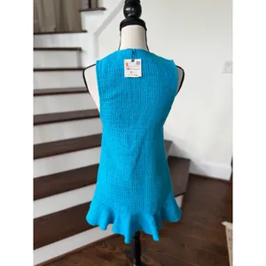 NWT Zara Teal Blue Boucle Tweed Sleeveless Plunge Flutter Hem Mini Shirt Dress thumbnail 6
