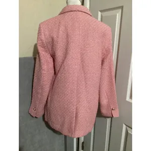 H&M Pink Textured Tweed Blazer Jacket Gold Buttons Oversized Women Medium thumbnail 5