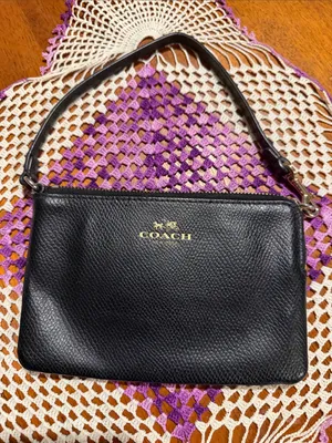 Coach Black Pebbled Leather Wristlet with Gold Logo thumbnail 1