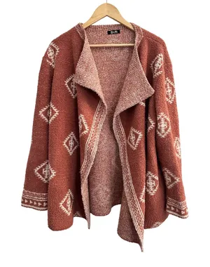 Miss Me Southwestern Boho Diamond Open Front Cardigan Sweater Medium Rust Orange thumbnail 1