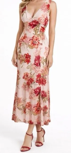 Anthropologie Paper Heart Maxi Dress Womens XS Rose Floral Linen Blend V Neck Flattering thumbnail 1