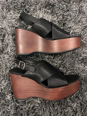 🌺Universal Threads NAOMI WOOD WEDGE BLACK SANDALS SIZE 9.5🌺 thumbnail 3