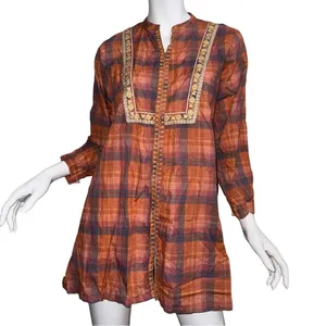Earthy‎ Plaid Embroidered Trim Boho Tunic Cottagecore Lagenlook Natural Fibers thumbnail 1