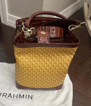 Brahmin Yellow Woven Bucket Bag with Brown Croc Trim thumbnail 1