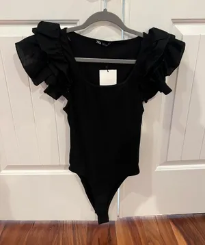 Black ZARA Ruffle Sleeve Bodysuit thumbnail 1