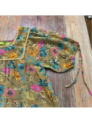 Rapsodia Boho Floral Mini Dress Square Neck Gold Beaded Trim Size S Puff Sleeve thumbnail 6