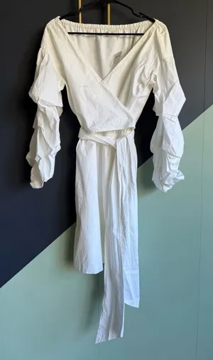Club Monaco Rowlen Cotton Poplin Wrap Dress w/ Ruffled Sleeves, Sz 2, White thumbnail 1