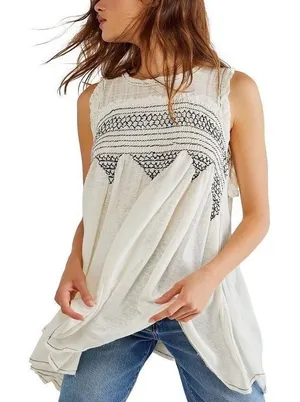 Free People Sea Breeze Tunic Top Ivory Cotton Embroidered Sleeveless S Gauze NWT thumbnail 1