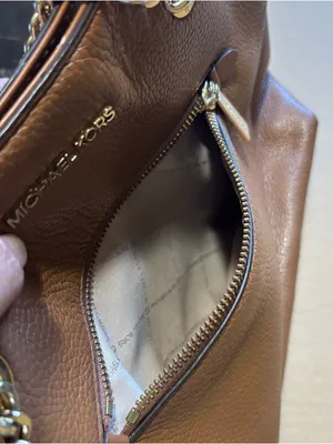 Michael Kors Cognac Pebbled Leather Tote with Gold Chain Straps zipper closure thumbnail 12