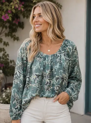 NEW Loft Satin Shirred Floral Blouse Bishop Career Special Occasion Chic L thumbnail 1