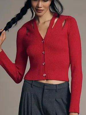 By Anthropologie Women’s V-neck Strappy Cardigan Sweater Red Ribbed Size S thumbnail 1