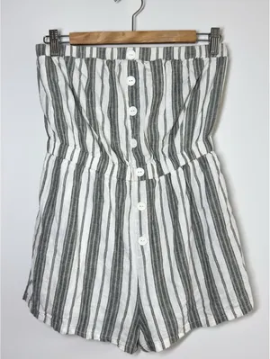 Urban Outfitters Strapless Linen Blend Striped Romper Pockets Size M thumbnail 2