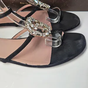 Gucci Black Suede Crystal Interlocking G T-Strap Flat Sandals Glam Size 37.5 thumbnail 9