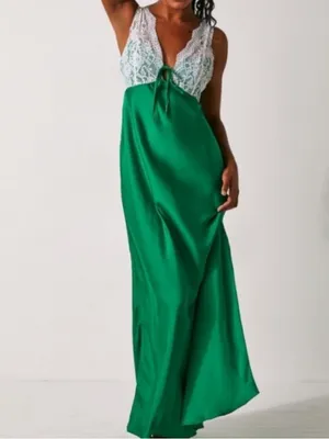 Free People FP Women’s Countryside White Green Satin Maxi Slip Dress Size Large thumbnail 2