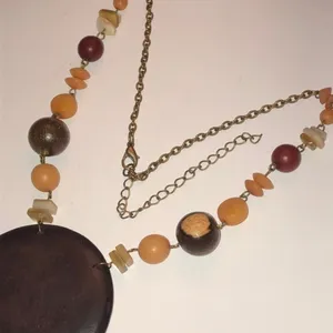 Vintage Wooden Pendant & Soft Satin Gold Beaded Chain Boho Necklace thumbnail 4