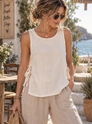 Rachel Zoe 100% Linen Tunic Top M Cream Lagenlook Coastal Side Tie Tank thumbnail 1